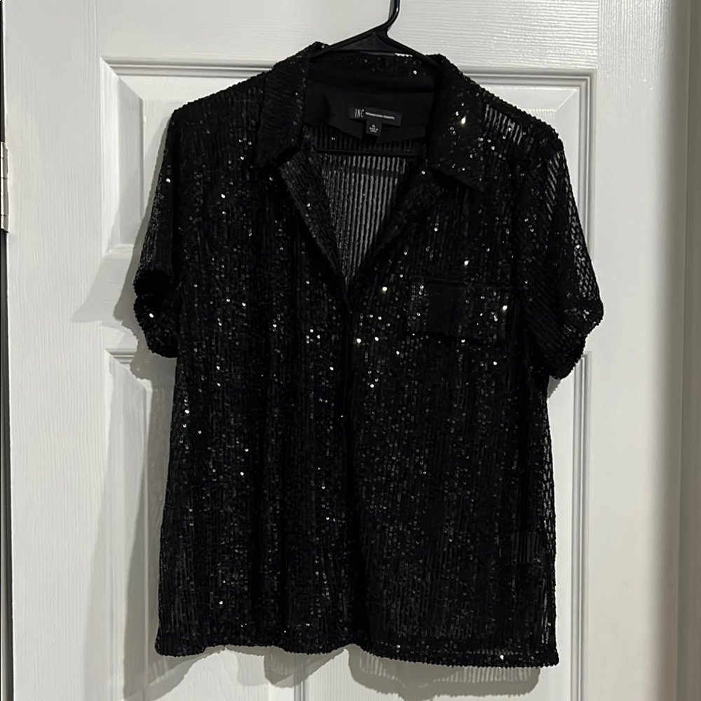 Black Sequin Short Sleeve Shirt
